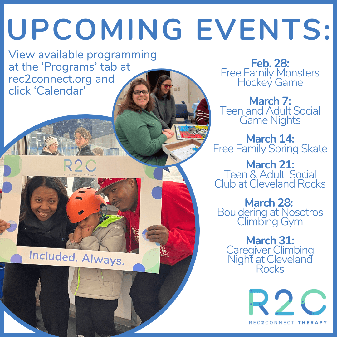 Graphic for March 2026 Upcoming Events at Rec2Connect.