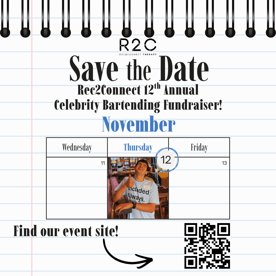 Save-the-date graphic for Rec2Connect's 12th Annual Celebrity Bartending Fundraiser on Thursday, Nov. 12th at Collision Bend Brewing Co. in the Flats of Cleveland