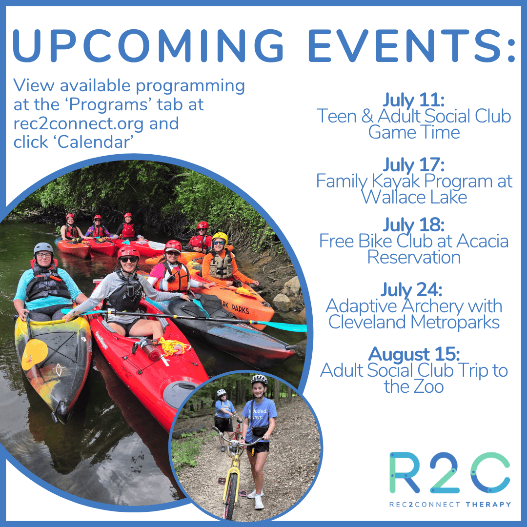 A graphic detailing upcoming Rec2Connect events for July of 2026 and early August of 2026.